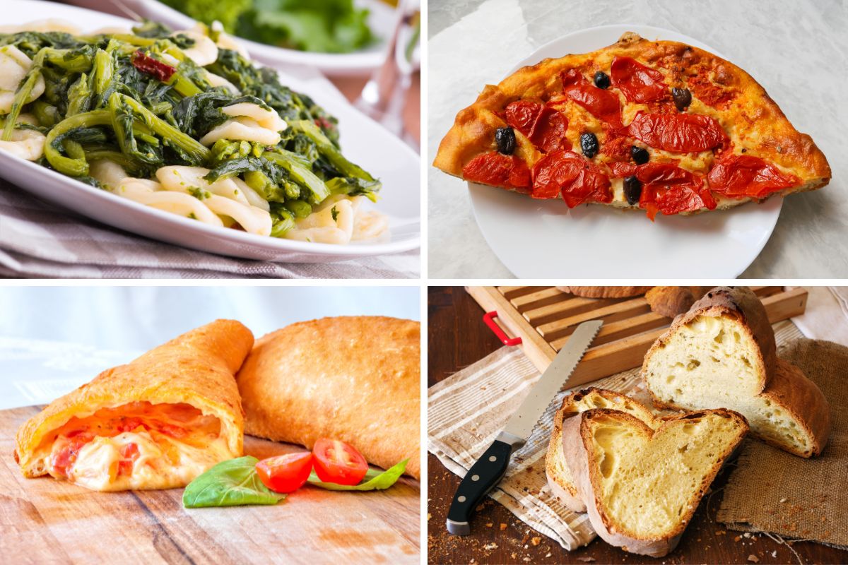 Tradisjonelle retter fra Puglia: orecchiette med vill broccoli, focaccia med tomat og oliven, panzerotto med ost og tomat, og påskebrød fra Sør-Italia.