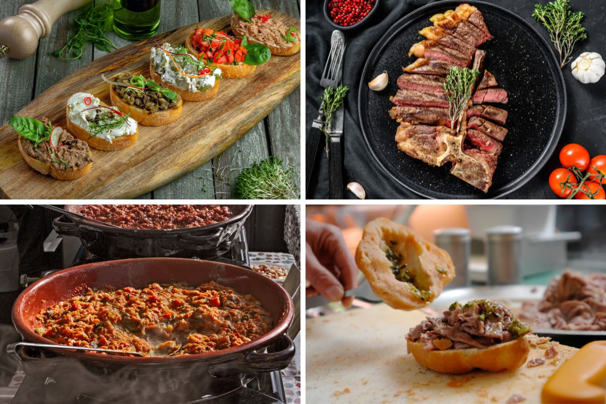 Typiske retter fra Firenze: crostini toscani, bistecca alla fiorentina, ribollita og panino med lampredotto – ekte smaker fra Toscana.