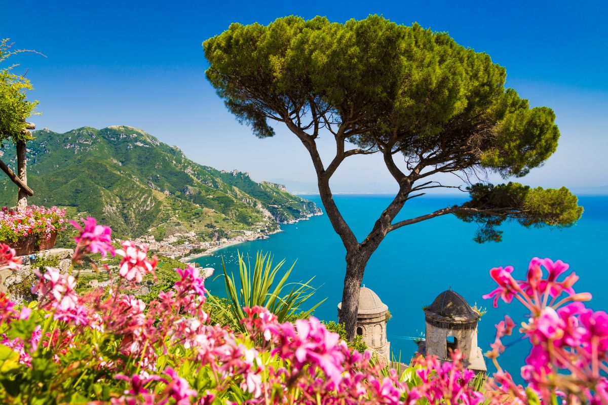 Utsikt fra Villa Rufolo i Ravello med blomster, pinjetre og kysten i bakgrunnen