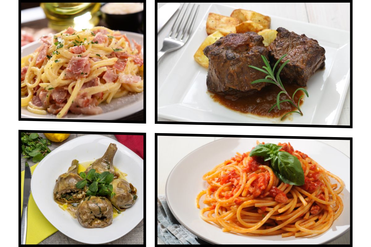 Fire tradisjonelle retter fra det romerske kjøkkenet: pasta alla carbonara, oksehale alla vaccinara, artisjokker alla romana og pasta all’amatriciana.