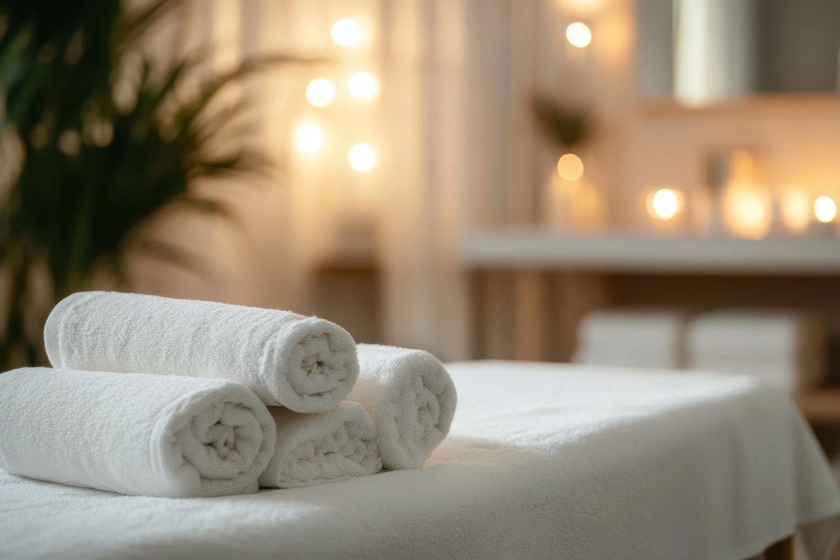 Hvite håndklær rullet sammen på et spa-bord med myk belysning og tente lys i bakgrunnen – avslappende atmosfære.