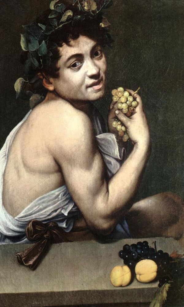 Portrett av en ung mann utkledd som Bacchus, med vinblader i håret og en klase druer i hånden. Maleri av Caravaggio.