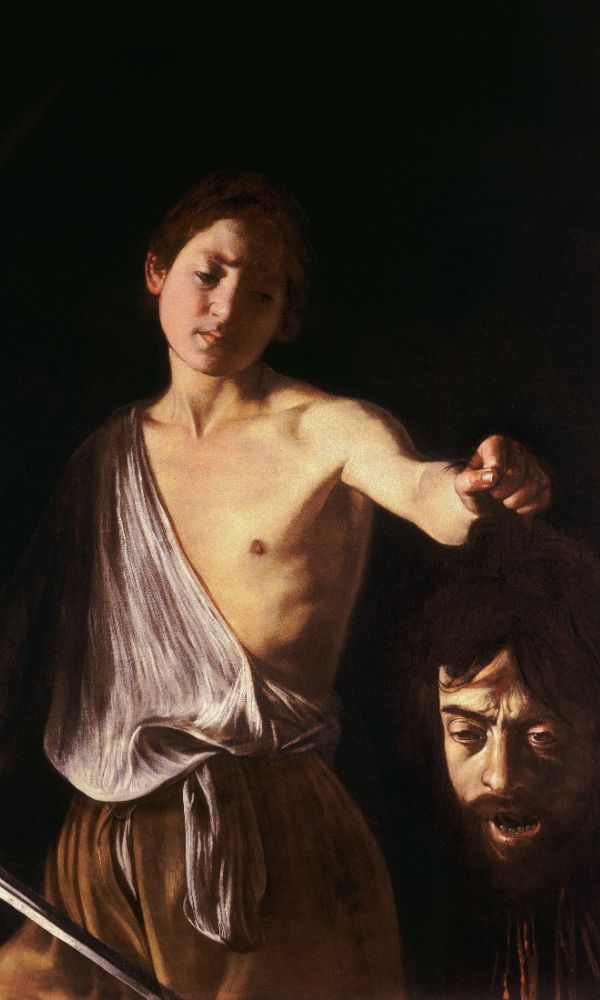 Caravaggios David med Goliats hode – et mørkt og dramatisk maleri der den unge David holder det avskårne hodet til kjempen Goliat. Kunstverket uttrykker både seier og medfølelse, og er et typisk eksempel på Caravaggios sterke bruk av lys og skygge.