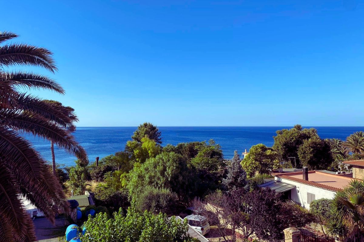 Utsikt over det blå Tyrrenhavet fra Santa Marinella, med palmer og middelhavsvegetasjon i forgrunnen