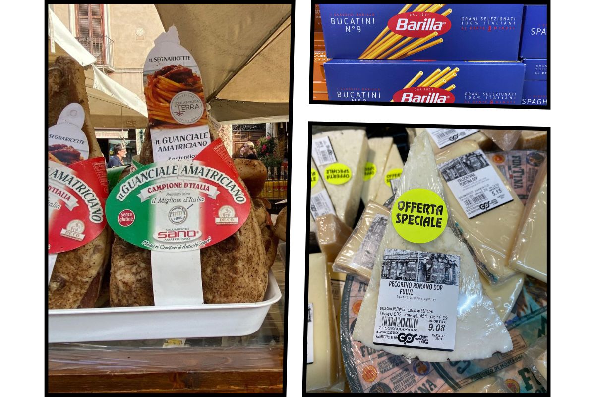 Ingrediensene til pasta all’amatriciana: guanciale amatriciano (speket svinekjake), bucatini fra Barilla og pecorino romano DOP-ost – alle klassiske produkter fra Italia.