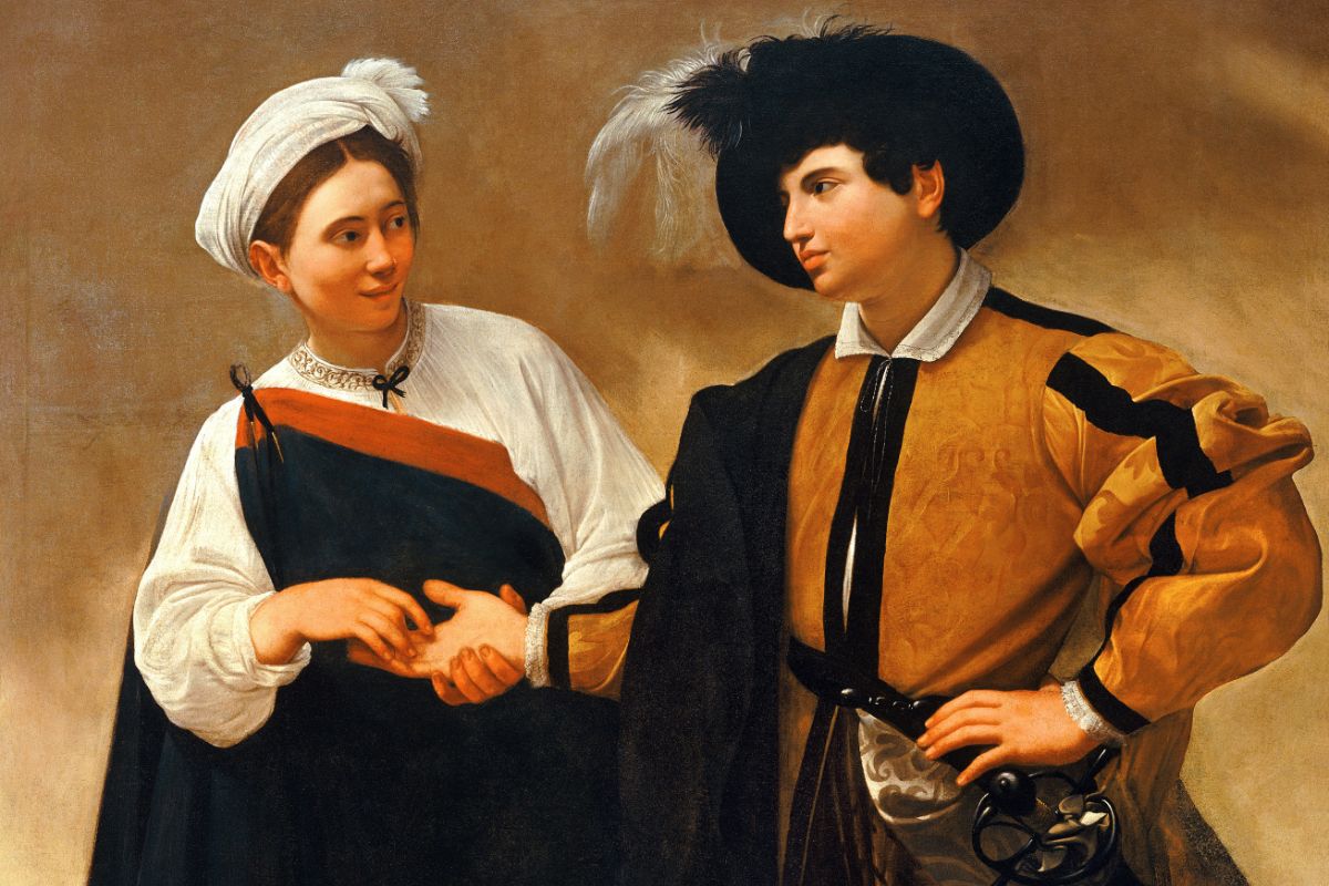 En ung kvinne leser håndflaten til en elegant kledd mann. Maleri av Caravaggio med varm lyssetting og realistiske detaljer.