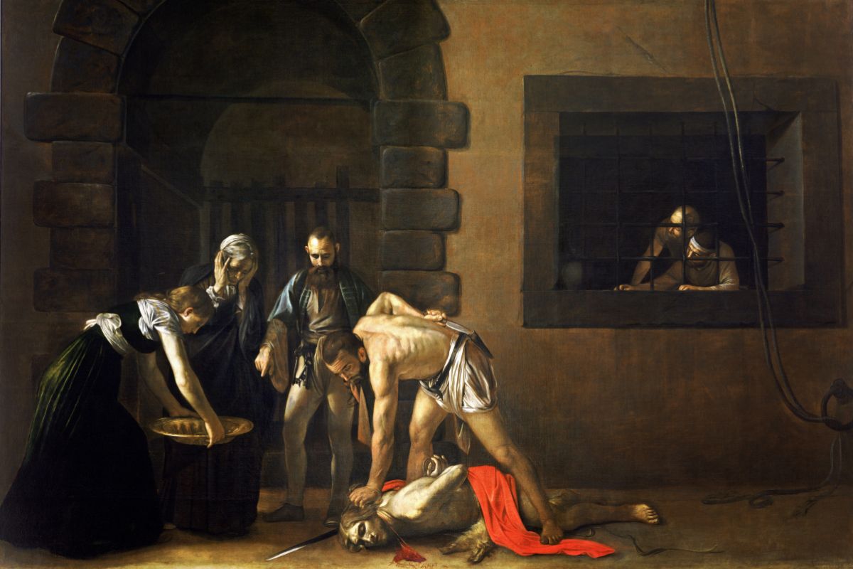 Caravaggios Halshuggingen av døperen Johannes – et dramatisk barokkmaleri der Johannes blir halshugget i et mørkt fengsel, med sterke kontraster mellom lys og skygge. Malt for oratoriet i St. Johannes-katedralen på Malta.