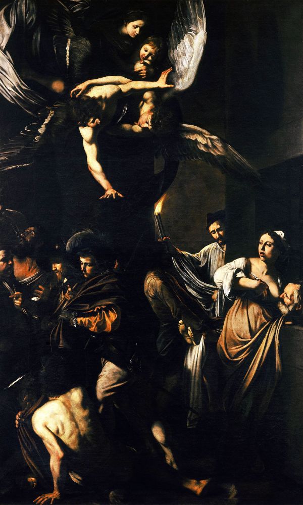 Maleri av Caravaggio, De syv barmhjertighetsgjerningene, med dramatiske lys- og skyggevirkninger som viser kristne handlinger av nestekjærlighet. Utstilt i Pio Monte della Misericordia i Napoli.