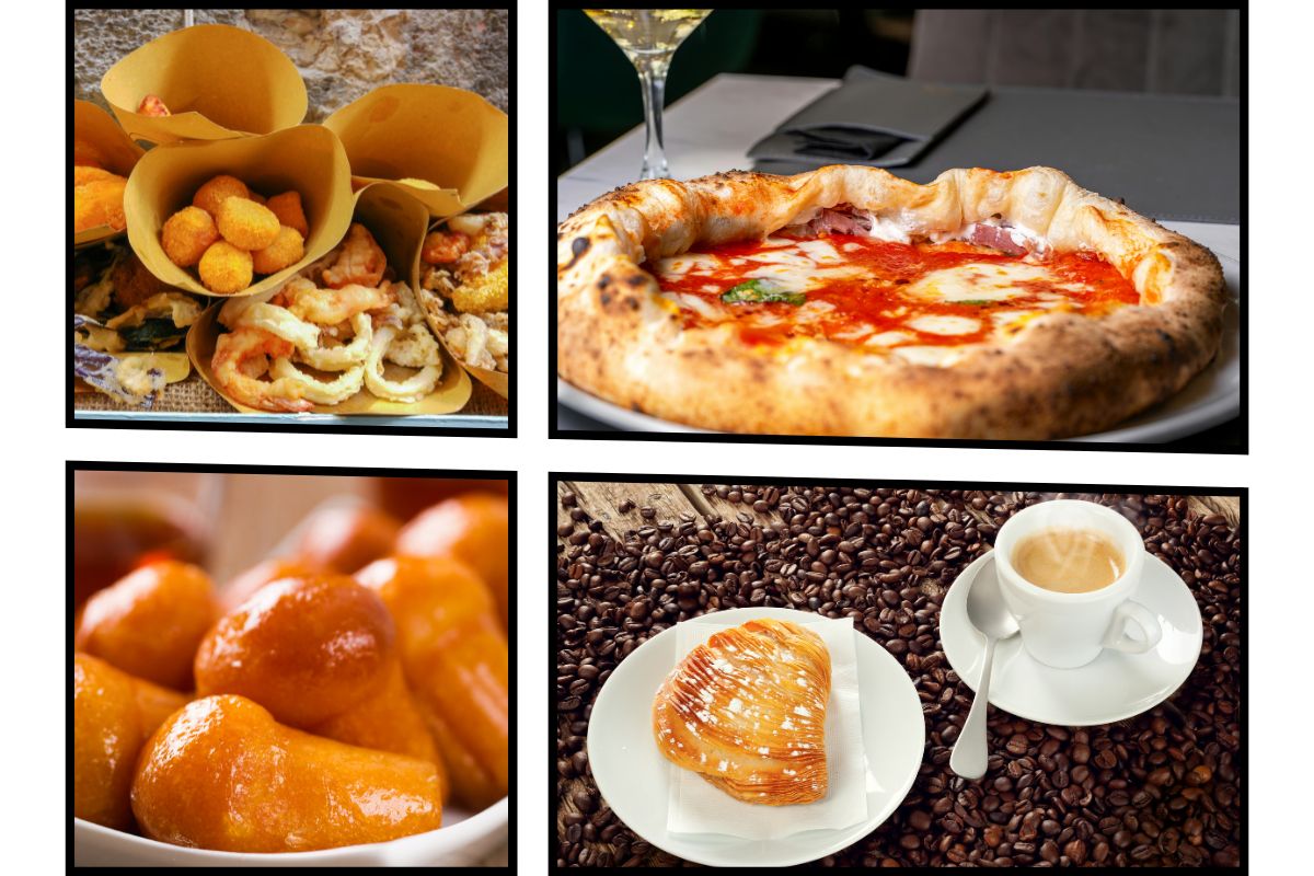 Typiske napolitanske retter: pizza margherita, friterte småretter, babà og sfogliatella med espresso – klassisk mat fra Napoli.