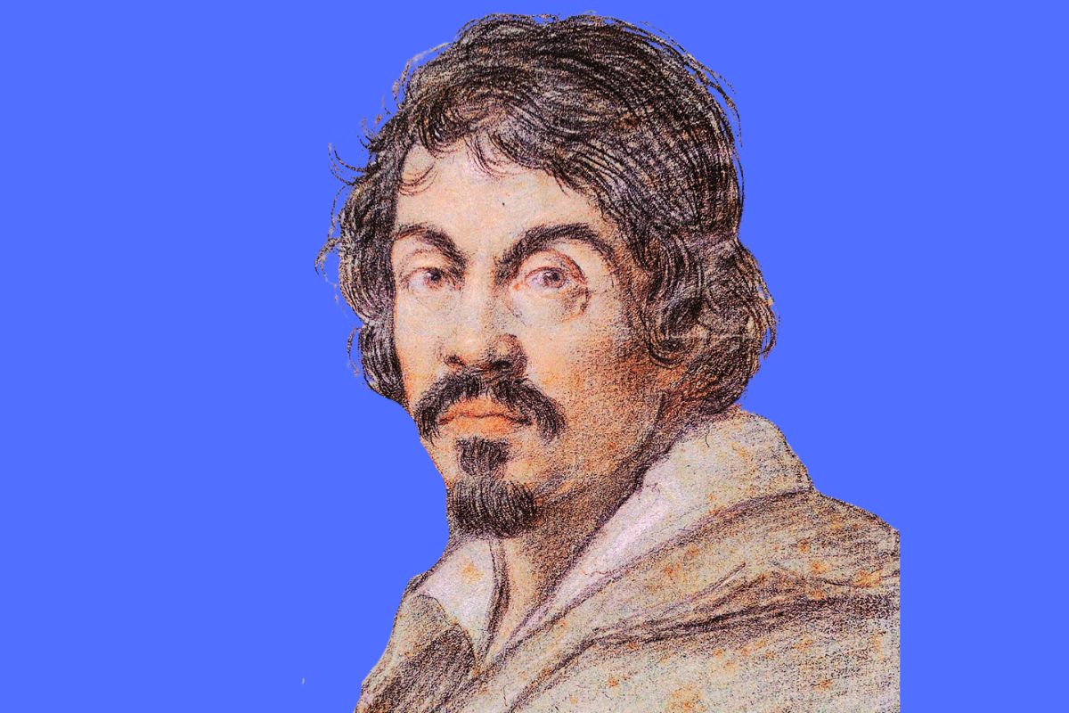 Portrett av Caravaggio, den italienske barokkmaleren, med mørkt hår og skjegg. Han ser rett mot betrakteren med et intenst blikk.