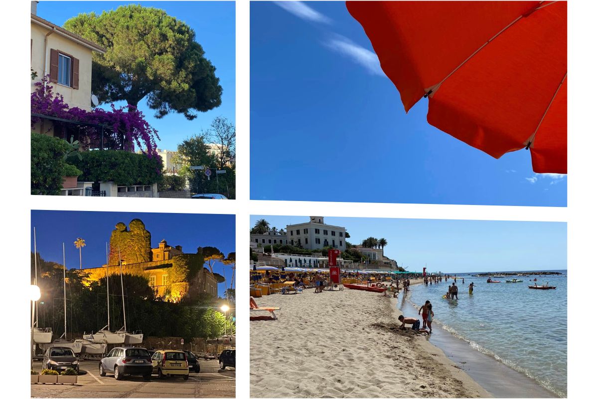 Sommerbilder fra Santa Marinella – blomstrende bougainvillea, rød parasoll mot blå himmel, borgen ved havnen og den lange sandstranden.