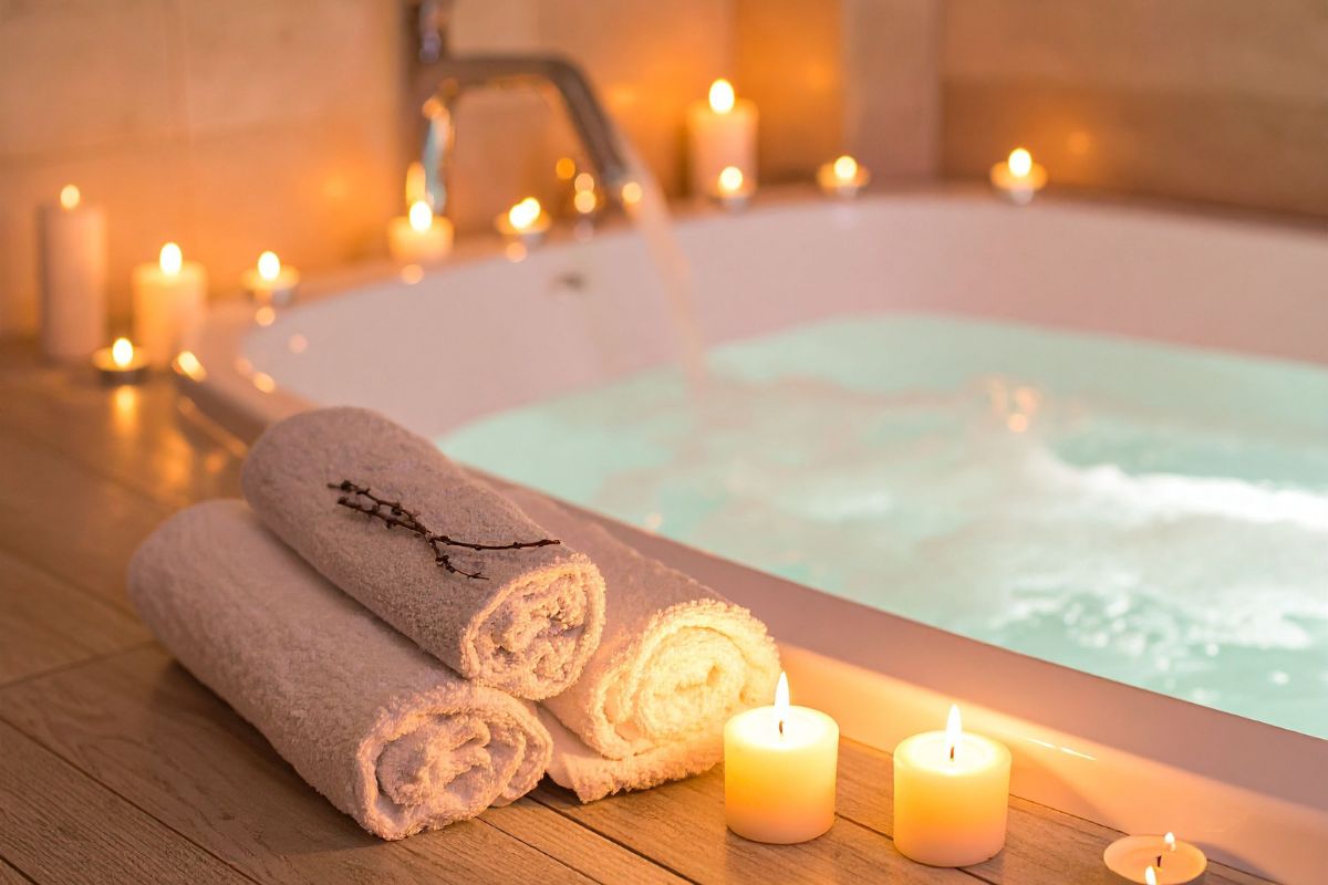 Badekar med varmt vann omgitt av tente stearinlys. I forgrunnen ligger tre sammenrullede håndklær. En avslappende og stemningsfull spa-atmosfære.