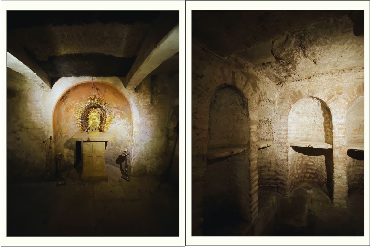 Krypten under Santa Maria in Cosmedin i Roma, et enkelt og gammelt rom med mursteinsvegger, buer og et lite alter.