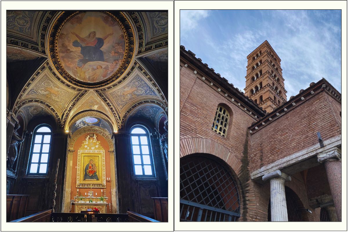 Interiør av Santa Maria in Cosmedin med utsmykket alter og takmaleri, og det romanske klokketårnet sett fra utsiden i Roma