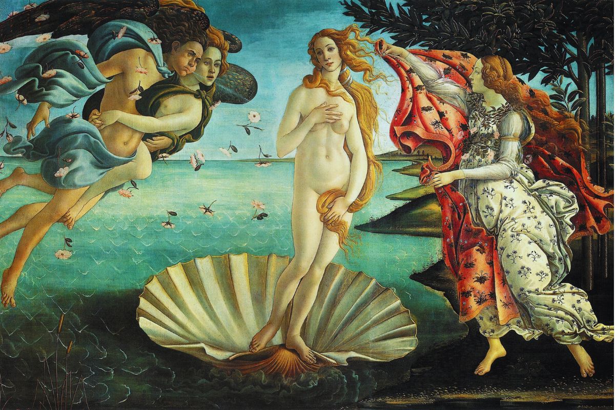Maleriet «Venus’ fødsel» av Sandro Botticelli, med Venus stående på et skjell ved havet, omgitt av mytologiske figurer fra renessansen.