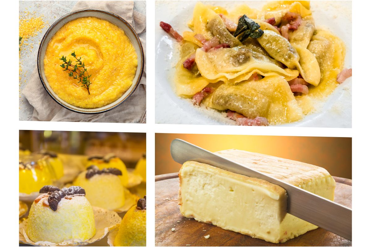 Fire tradisjonelle retter fra Bergamo: polenta, casoncelli-pasta med smør og pancetta, desserten polenta e osei og Taleggio-ost.