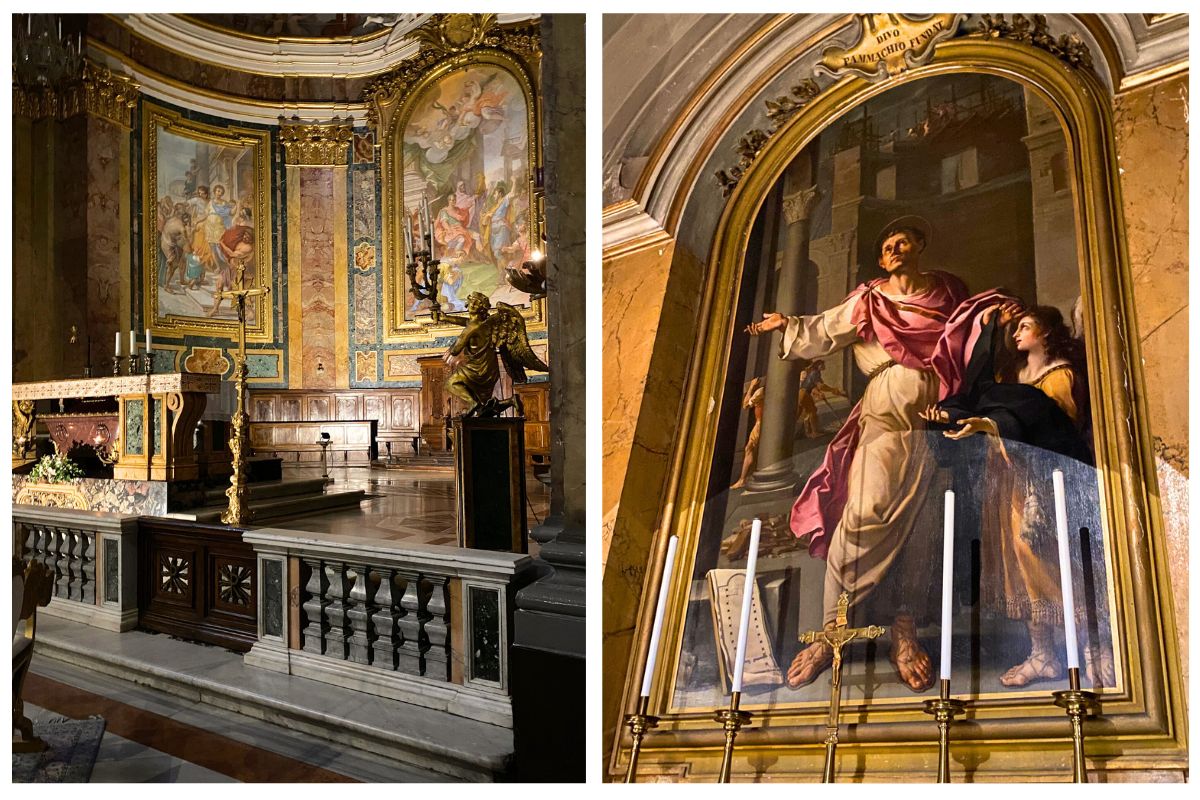 Sidealter med rikt dekorert interiør og alterbilde i basilikaen Santi Giovanni e Paolo i Roma.