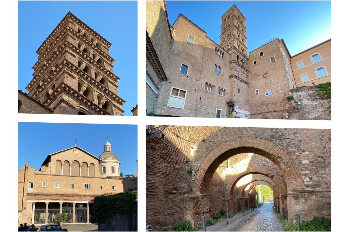 Klokketårnet, fasaden og området rundt basilikaen Santi Giovanni e Paolo på Celio-høyden i Roma