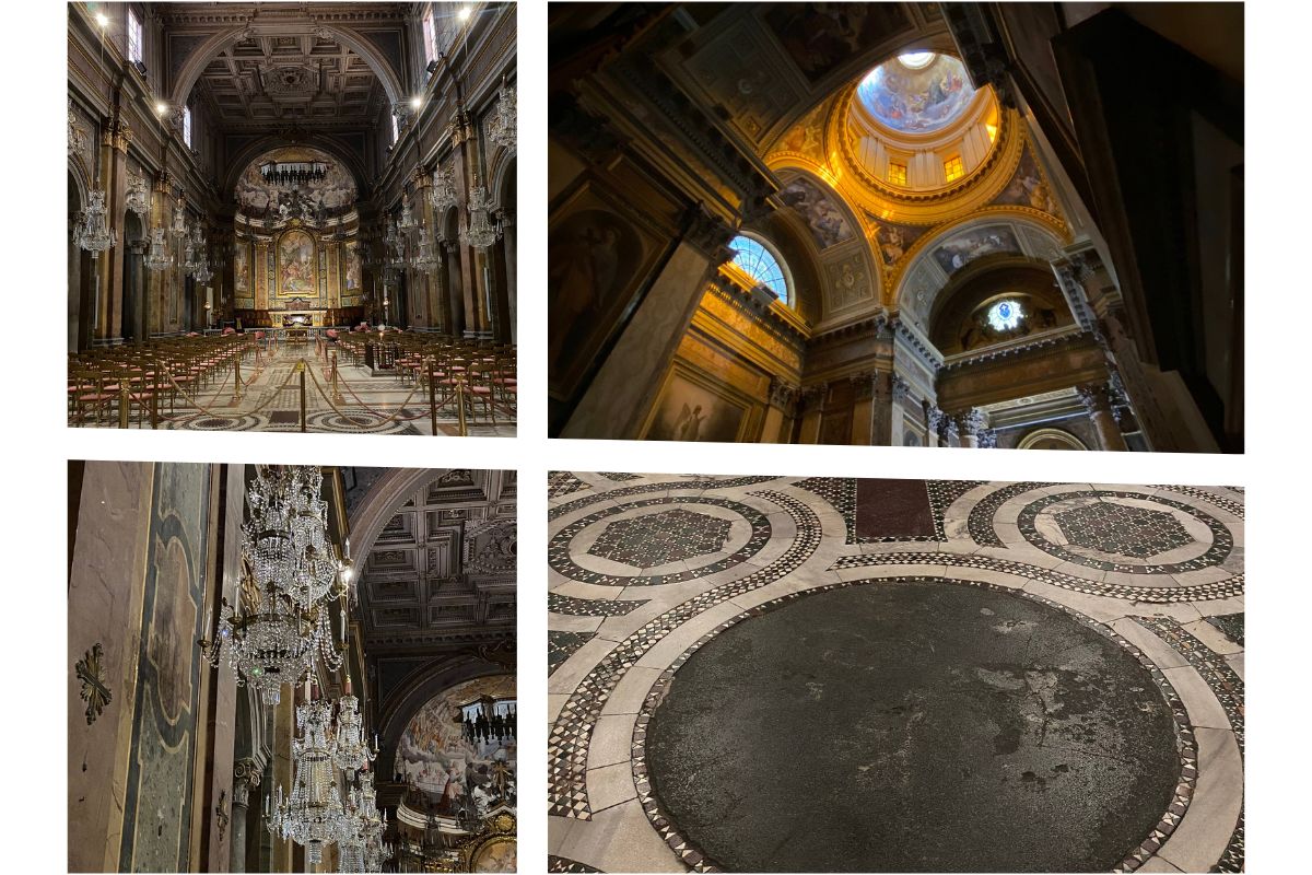 Interiøret i basilikaen Santi Giovanni e Paolo i Roma, med lysekroner, hvelv og dekorert gulv