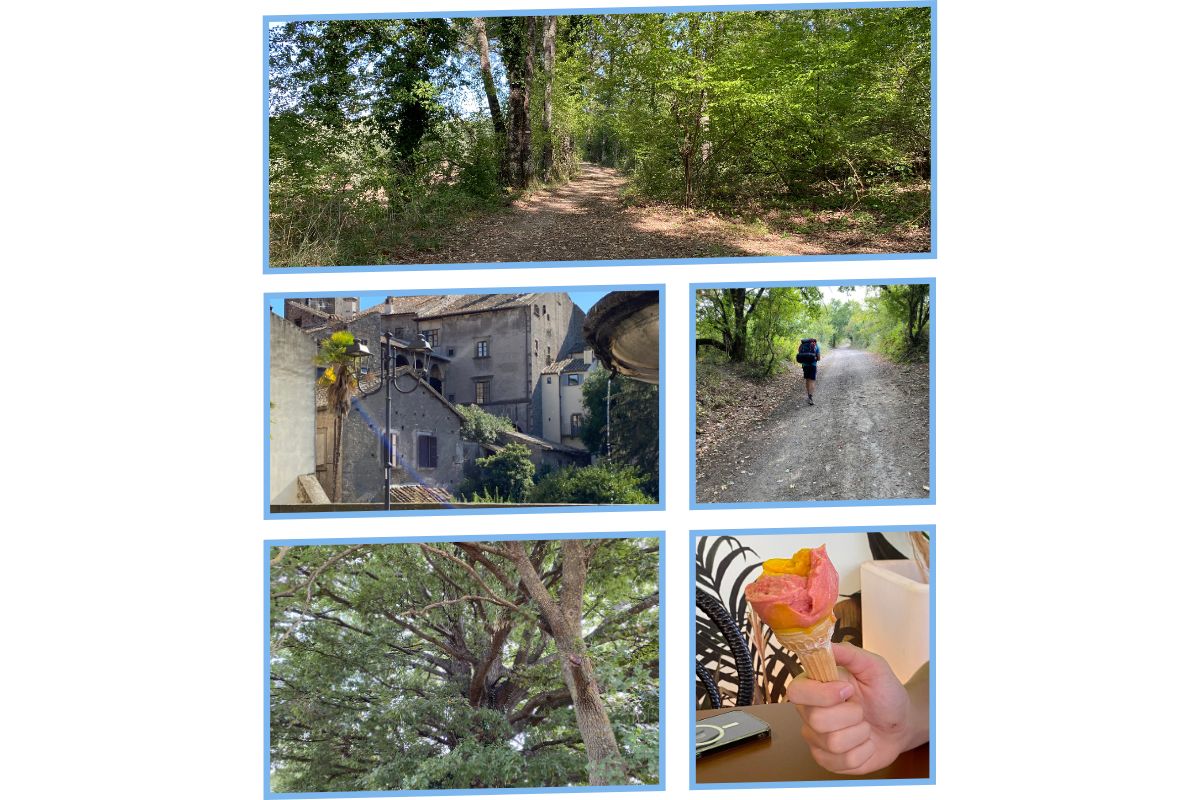 Bildekollasj fra Italia: panorama av en historisk landsby, cappuccino og croissant på en kafé, grusvei på landsbygda, fontene på et italiensk torg og en mann med ryggsekk som går på Via Francigena.
