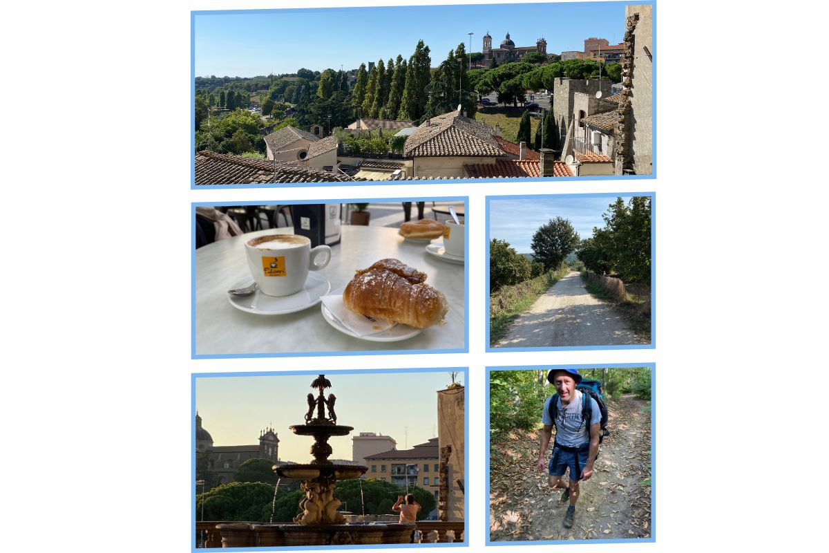 Bildekollasj fra Italia: panorama av en historisk landsby, cappuccino og croissant på en kafé, grusvei på landsbygda, fontene på et italiensk torg og en mann med ryggsekk som går på Via Francigena.