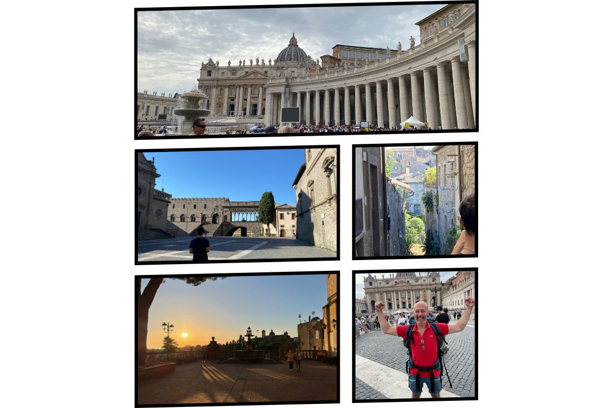 Bildekollasj fra Italia: Petersplassen i Roma med Peterskirken, middelalderby med steinbygninger, smal italiensk gate, solnedgang over et historisk torg og en glad mann med ryggsekk på Petersplassen etter en vandring.