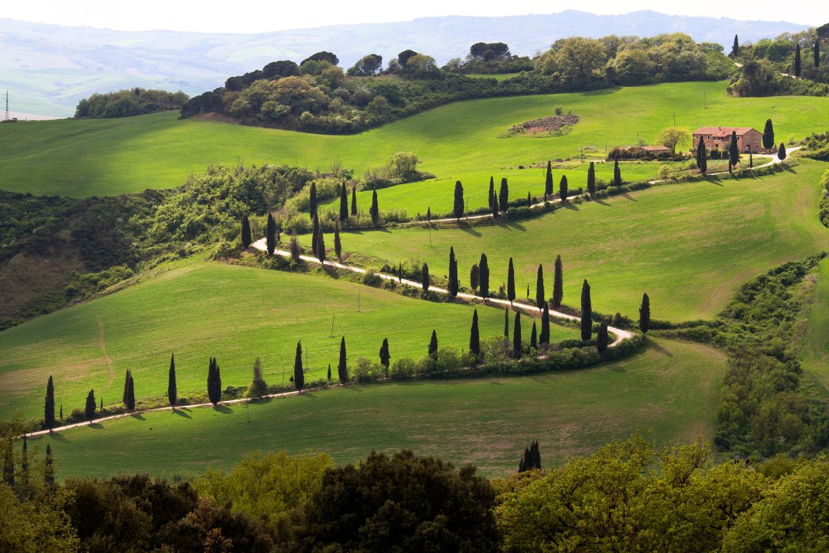 Val d’Orcia i Toscana med sypresser, bølgende åser og klassisk toskansk landskap ved solnedgang.