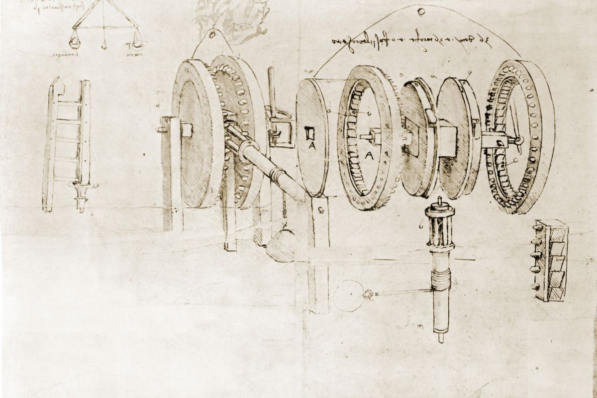 Teknisk skisse av tannhjul og mekanisk system fra notatbøkene til Leonardo da Vinci.