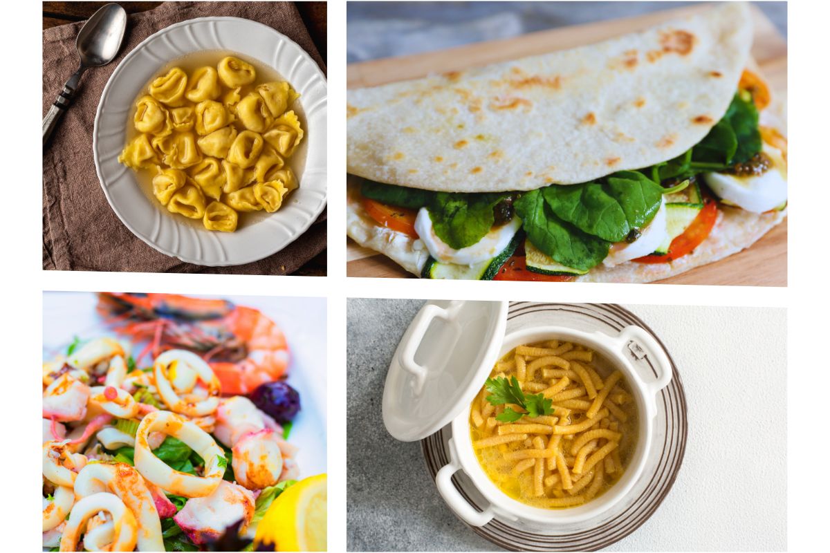 Tradisjonelle retter fra Romagna: cappelletti i kraft, piadina fylt med grønnsaker og ost, sjømat fra Adriaterhavet og passatelli i buljong.