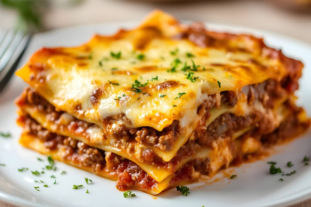 Hjemmelaget italiensk lasagne på søndagsbordet. Tradisjonell italiensk søndagslunsj med lasagne, familie, matkultur og autentiske italienske mattradisjoner.
