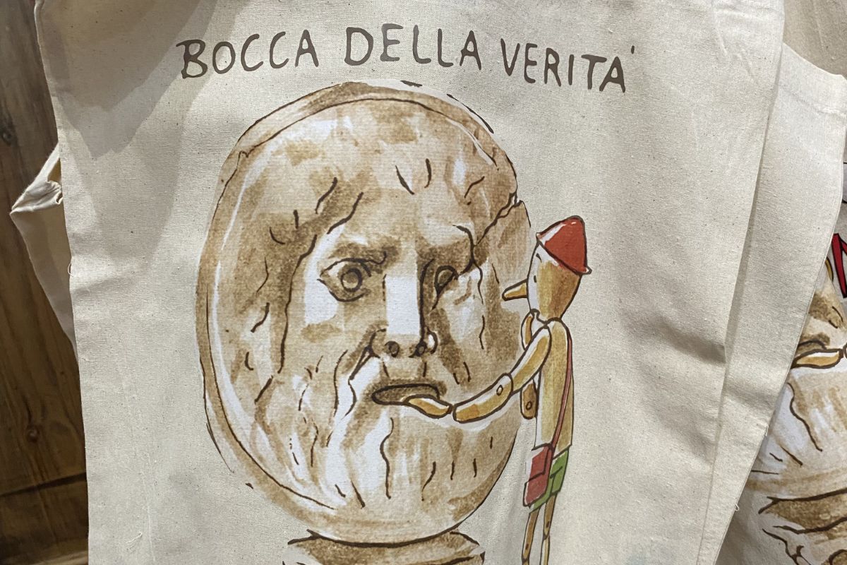 Illustrasjon av Pinocchio ved Bocca della Verità i Roma, inspirert av den gamle legenden om løgn og sannhet.