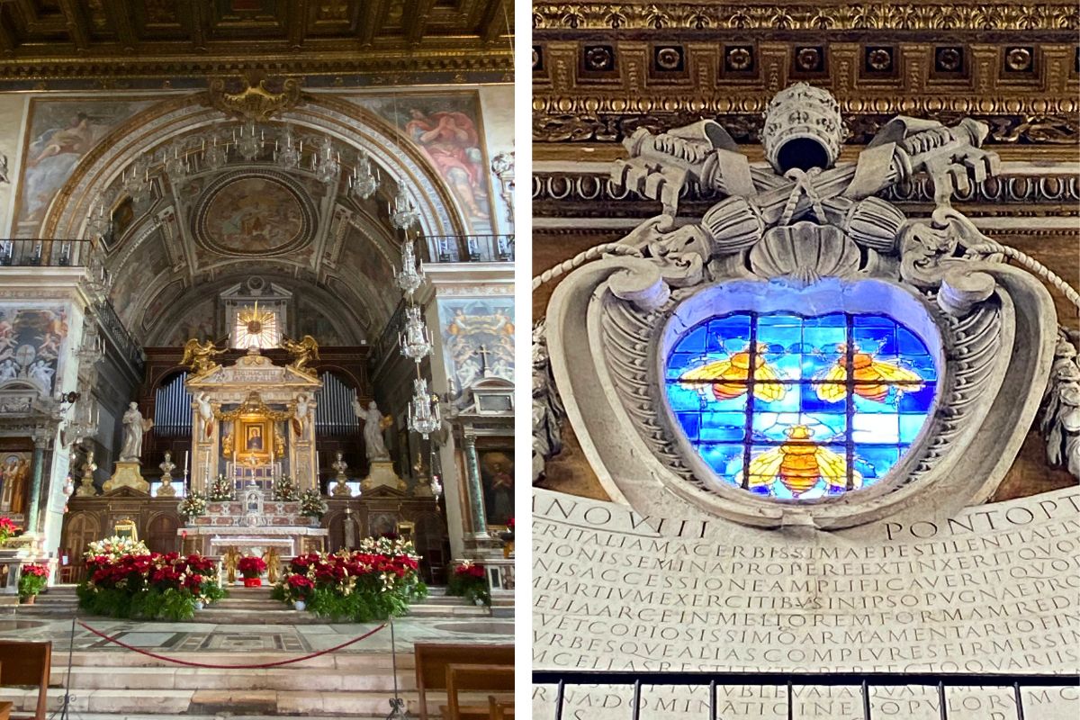 Detaljer fra Santa Maria in Aracoeli i Roma. Til venstre høyalteret og kapellet som i århundrer har vært sentrum for basilikaens religiøse liv. Til høyre et av de mest kjente symbolene til Barberini-familien: de tre biene, avbildet i et dekorativt vindu. Familien Barberini satte sitt preg på mange kirker og monumenter i Roma og var blant de viktigste kunstmesenene i barokkens tid.