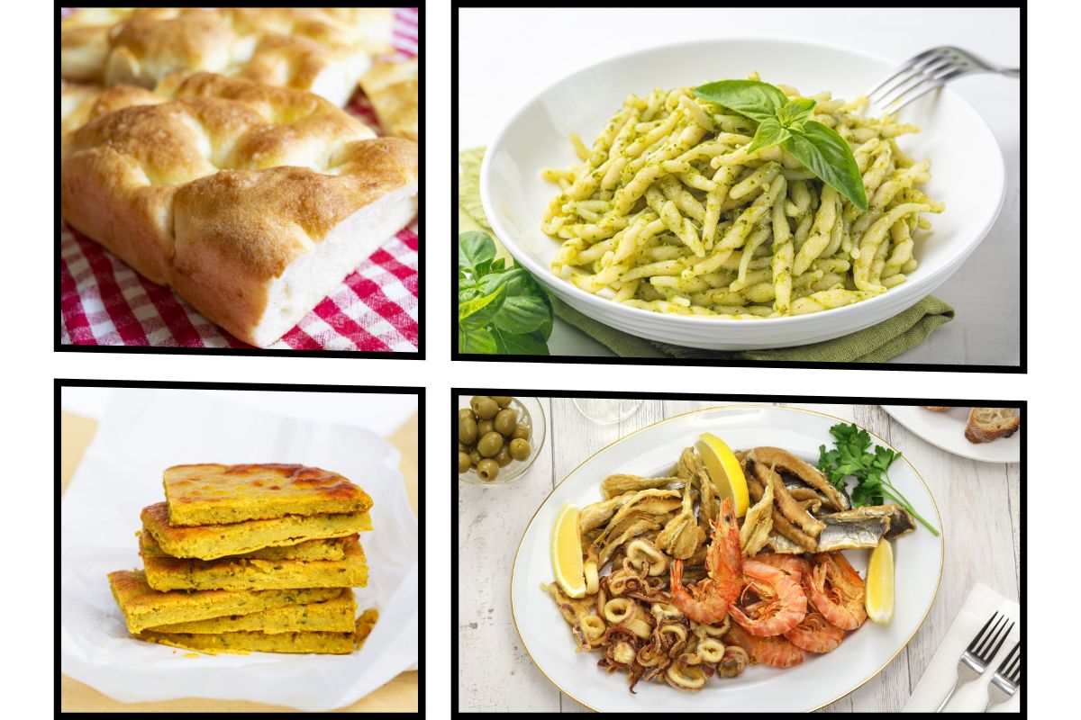 Collage med fire klassiske spesialiteter fra Liguria: focaccia genovese, trofie med pesto, farinata laget av kikertmel samt fisk og sjømat. Det liguriske kjøkkenet er kjent for enkle ingredienser, middelhavssmaker og sterke lokale tradisjoner.