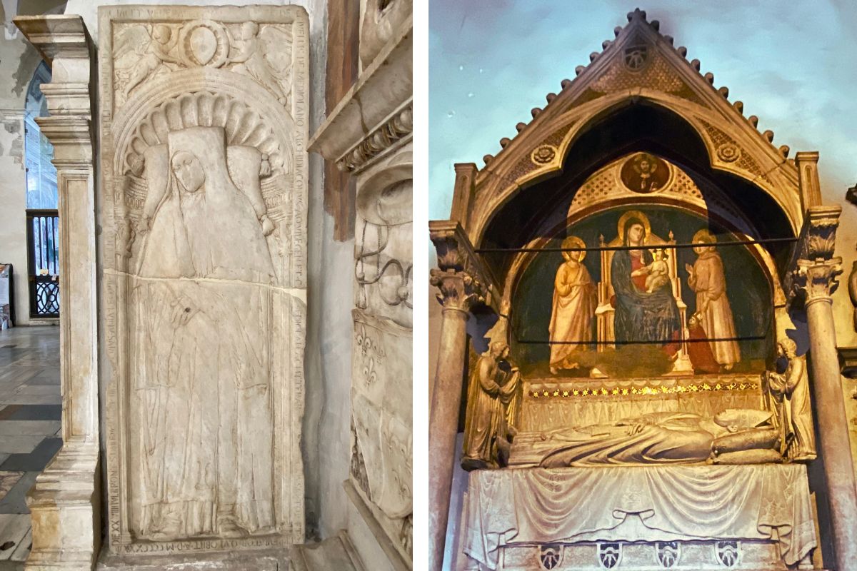 To middelalderske gravmonumenter inne i Santa Maria in Aracoeli i Roma. Til venstre gravmonumentet til kardinal Matteo d'Acquasparta, en viktig fransiskansk teolog og filosof. Til høyre monumentet til Giovanni Crivelli, tradisjonelt tilskrevet Donatello, med en freske av Jomfru Maria og barnet over den liggende figuren. Begge verkene vitner om basilikaens betydning som gravsted for fremtredende personer i middelalderen og renessansen.