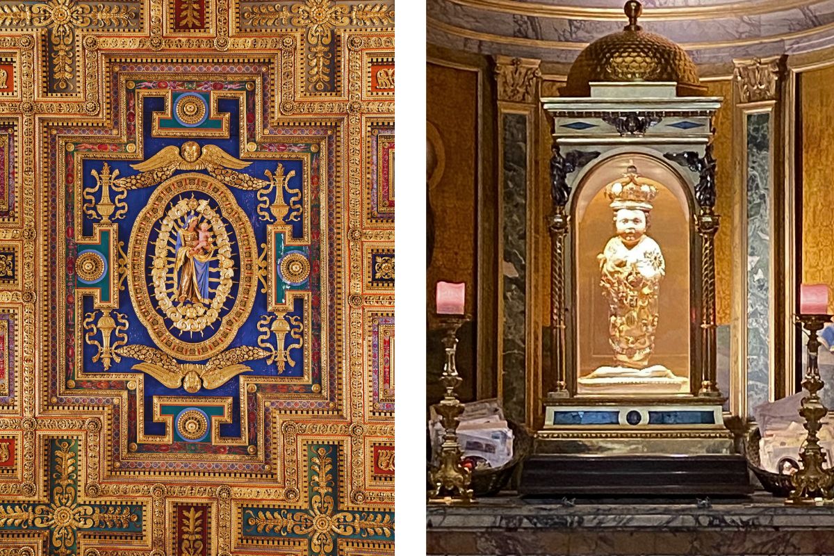 Detaljer fra Santa Maria in Aracoeli i Roma. Til venstre en del av det praktfulle forgylte taket som ble laget etter seieren i slaget ved Lepanto i 1571, rikt dekorert med religiøse symboler og fargerike ornamenter. Til høyre Santo Bambino di Aracoeli, en kopi av den berømte statuen av Jesusbarnet som i århundrer har vært gjenstand for sterk folkelig hengivenhet blant romerne. Originalen ble stjålet i 1994 og er aldri blitt funnet igjen.