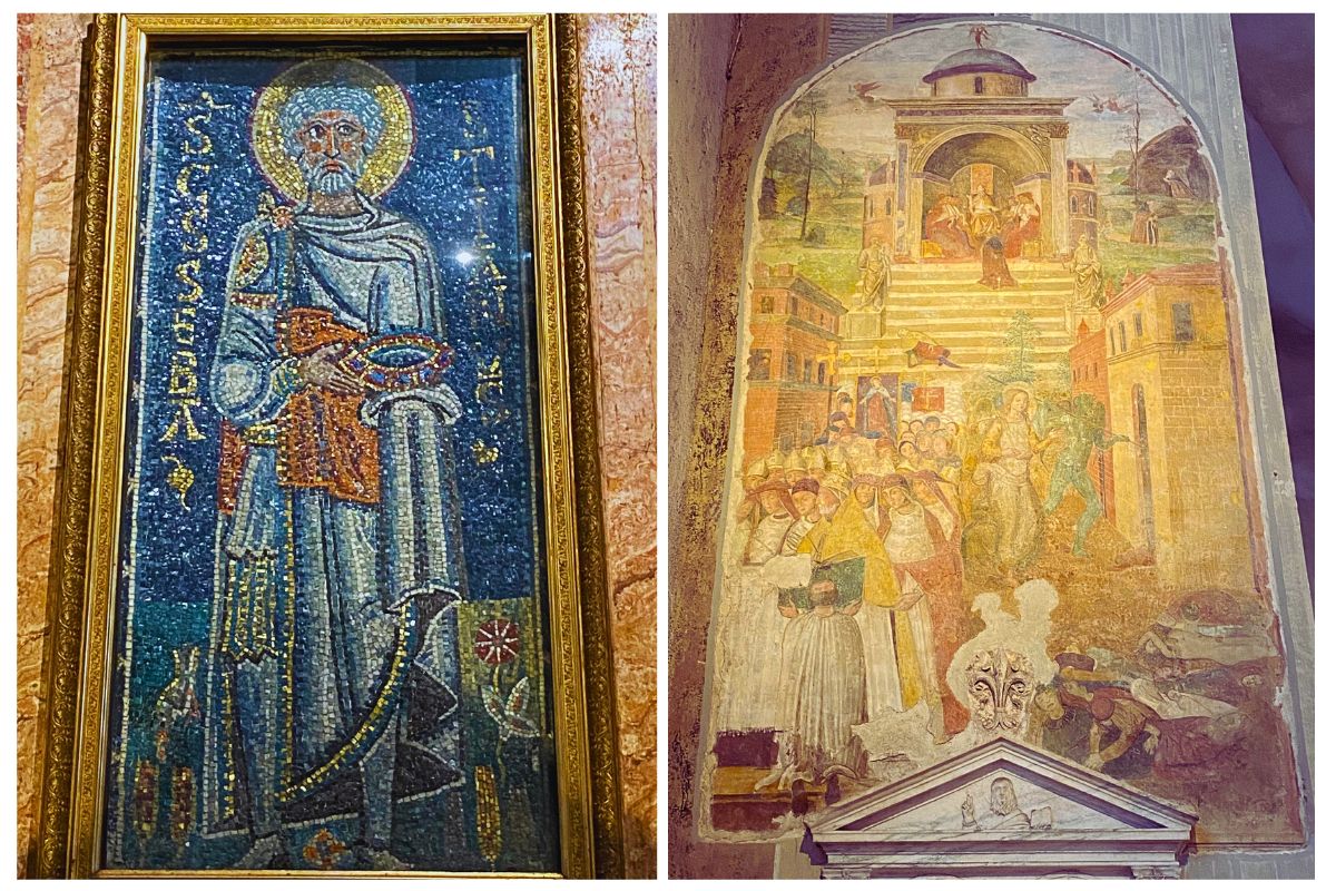 Til venstre: mosaikken av den hellige Sebastian fra 600-tallet i San Pietro in Vincoli. Til høyre: fresken av Antoniazzo Romano som viser prosesjonen organisert av pave Sixtus IV under pestepidemien i 1476.