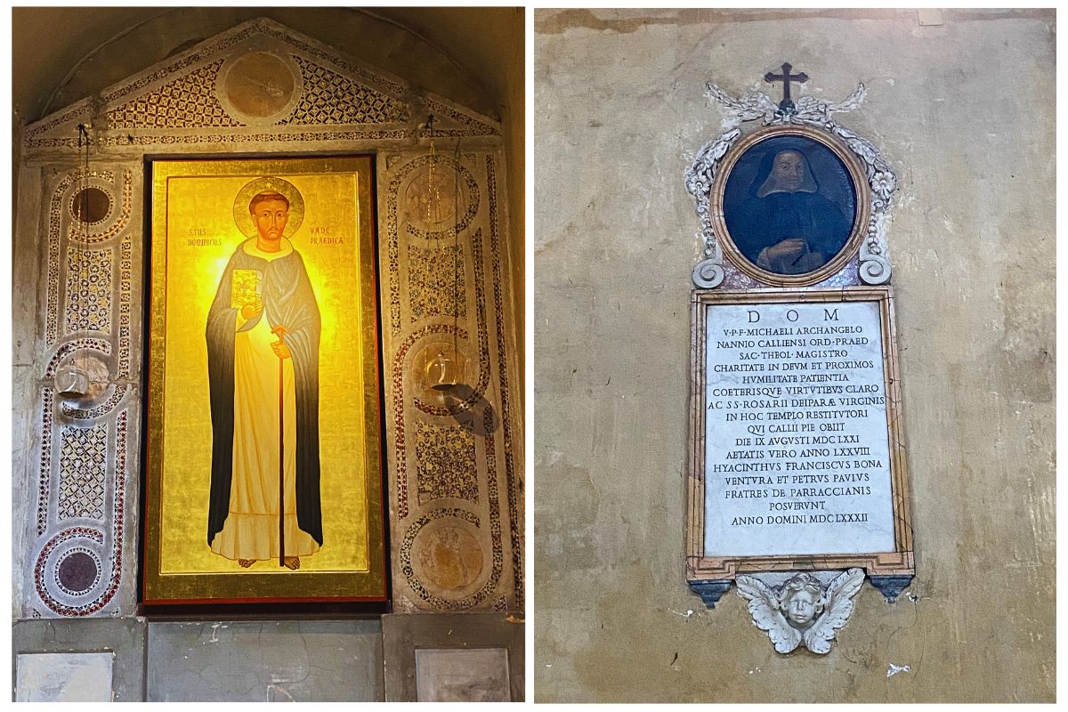 Ikon av den hellige Dominikus og historisk minnetavle i basilikaen Santa Sabina i Roma, knyttet til dominikanerordenens historie.