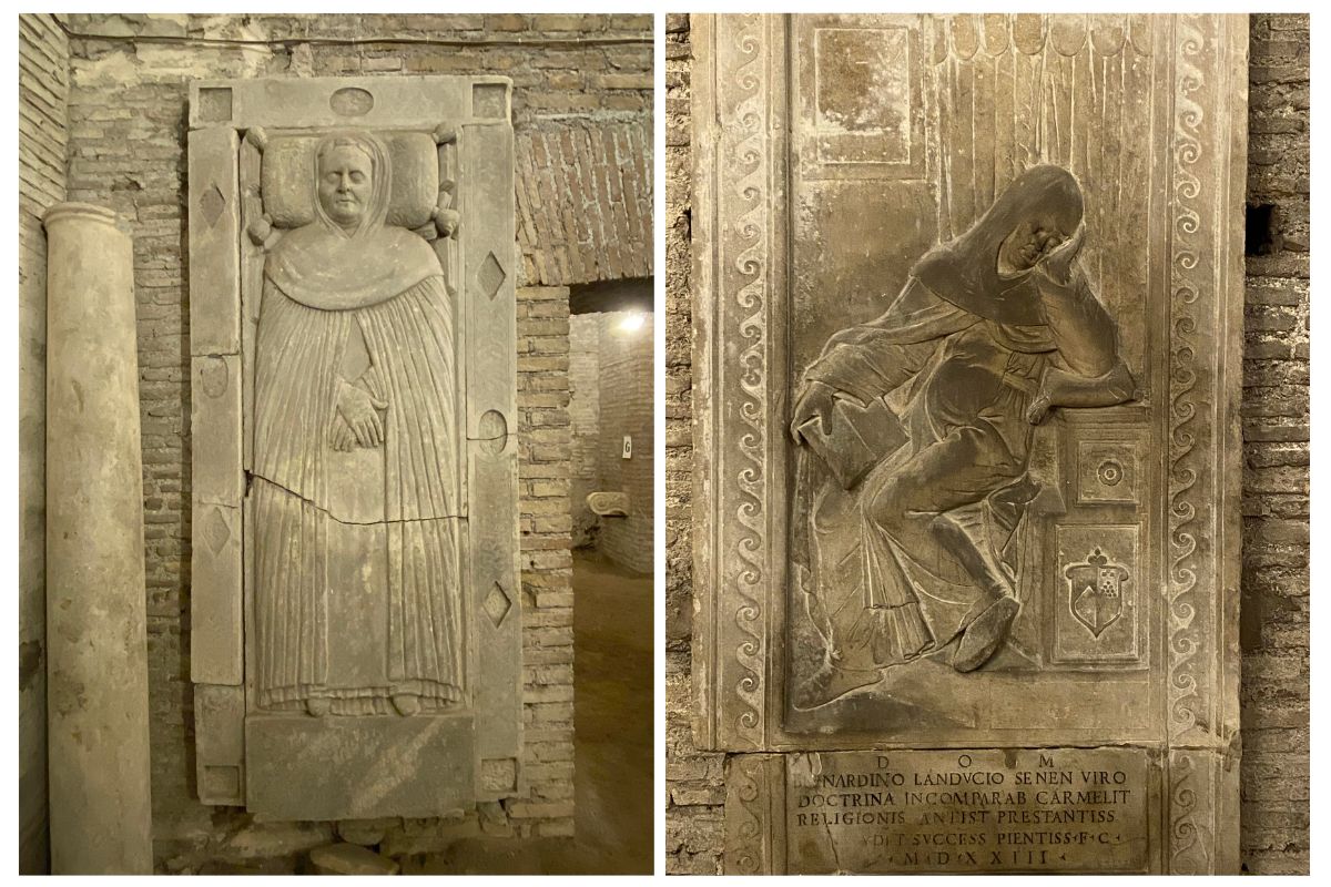 Middelalderske gravsteiner i krypten under basilikaen Santi Silvestro e Martino ai Monti i Roma.